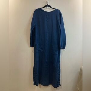 CLICK Sz L  100% Linen Patch Pockets Button Slit Shift Crew Neck Dress